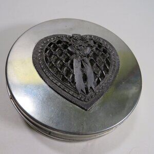 Vintage Metzke Pewter Holiday Metal Tin TARNISHED woven heart w bow
